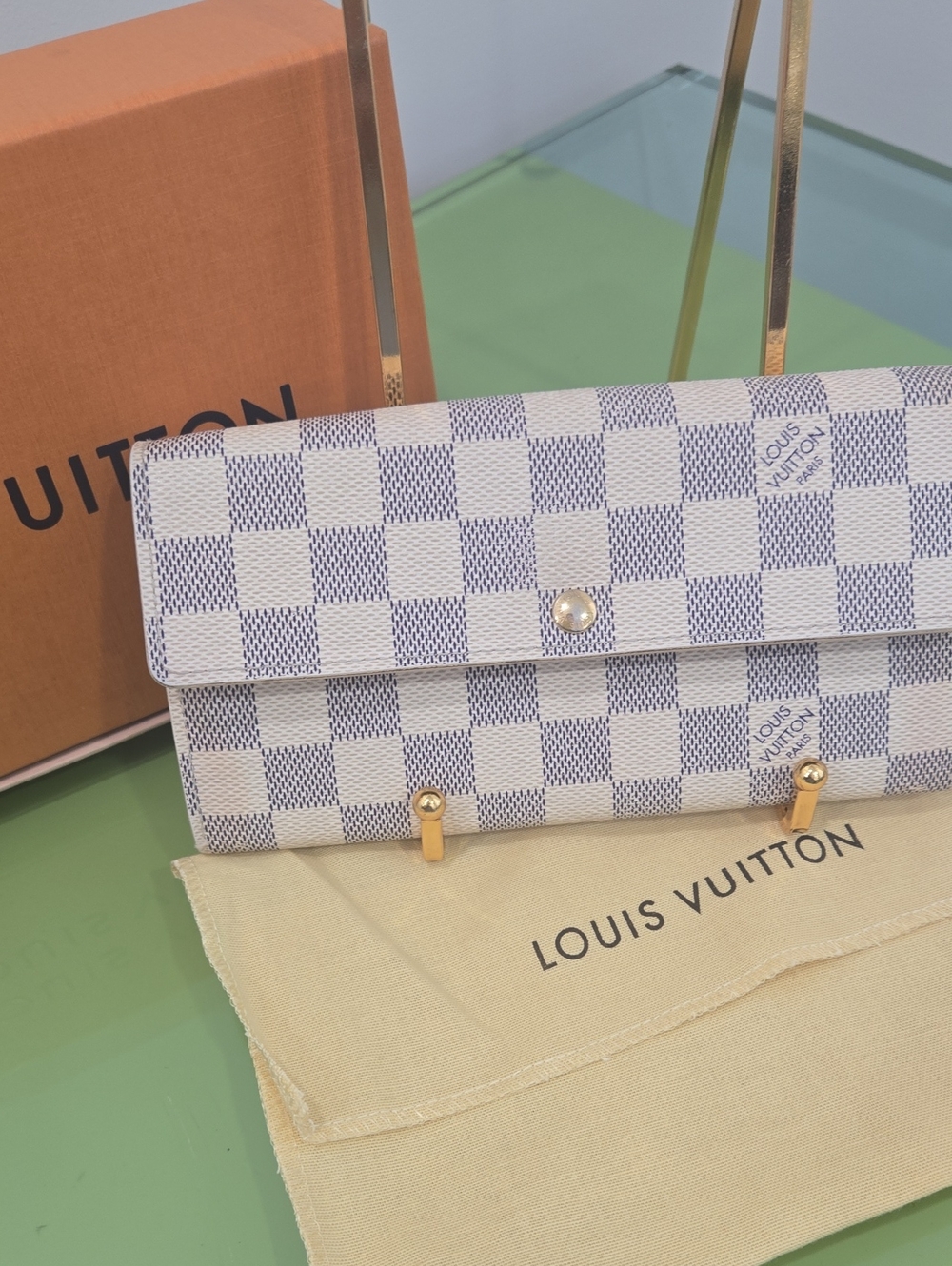 Louis Vuitton Damier Azur Check Fold-Over Clutch in White and Light Blue
